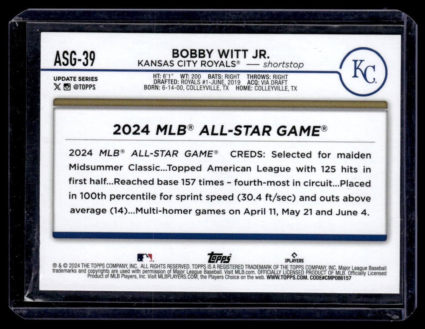 2024 Topps Update Bobby Witt Jr. #ASG-39 2024 All-Star Game Blue Kansas City Royals back