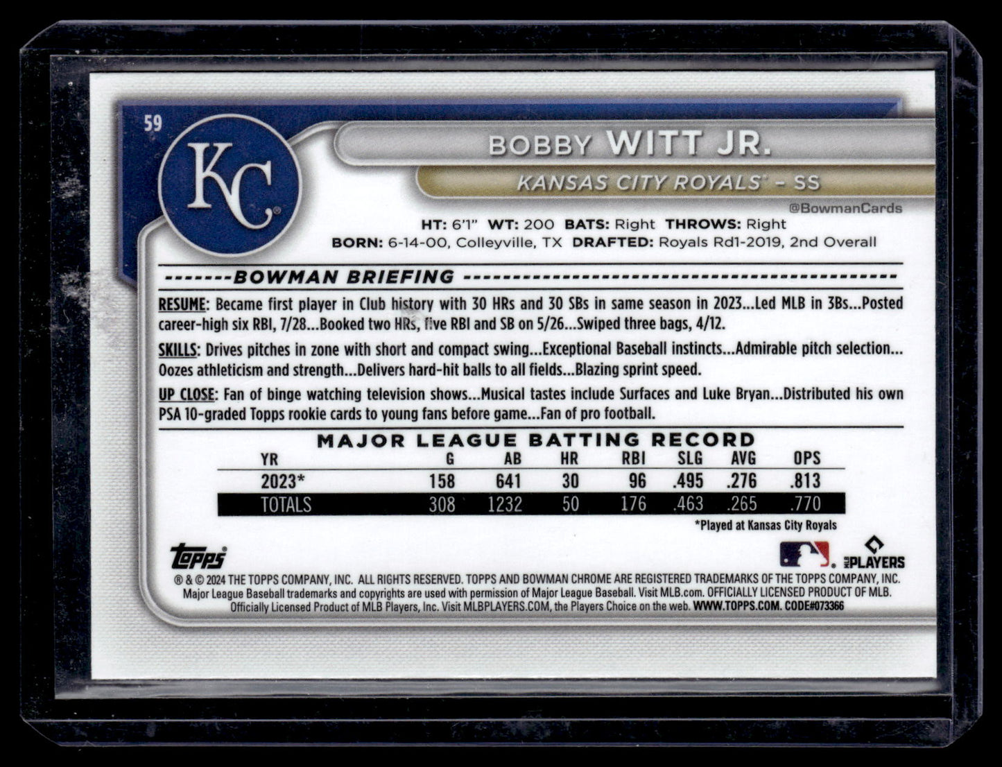 2024 Bowman Bobby Witt Jr. #59 Chrome Mojo Refractors Kansas City Royals back