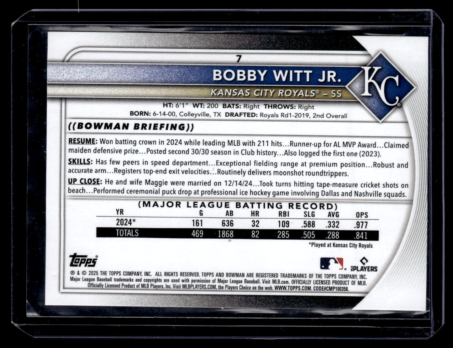 2025 Bowman Bobby Witt Jr. #7 Kansas City Royals back