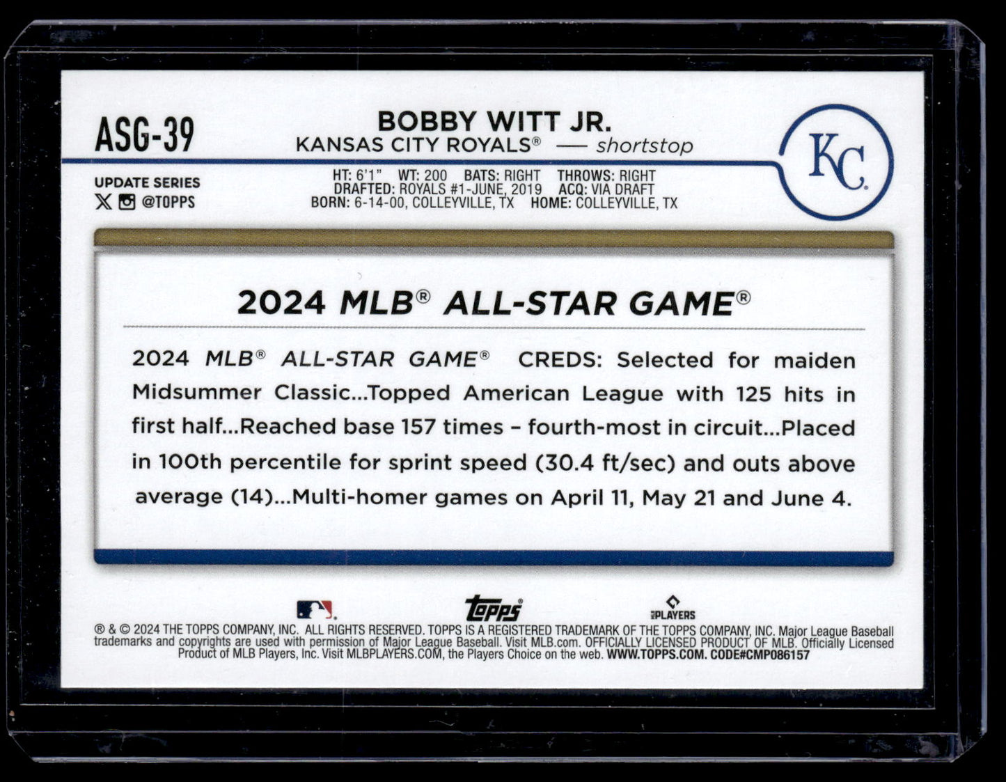 2024 Topps Update Bobby Witt Jr. #ASG-39 2024 All-Star Game Kansas City Royals back