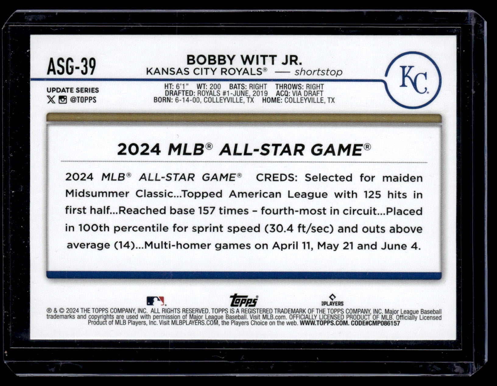2024 Topps Update Bobby Witt Jr. #ASG-39 2024 All-Star Game Kansas City Royals back