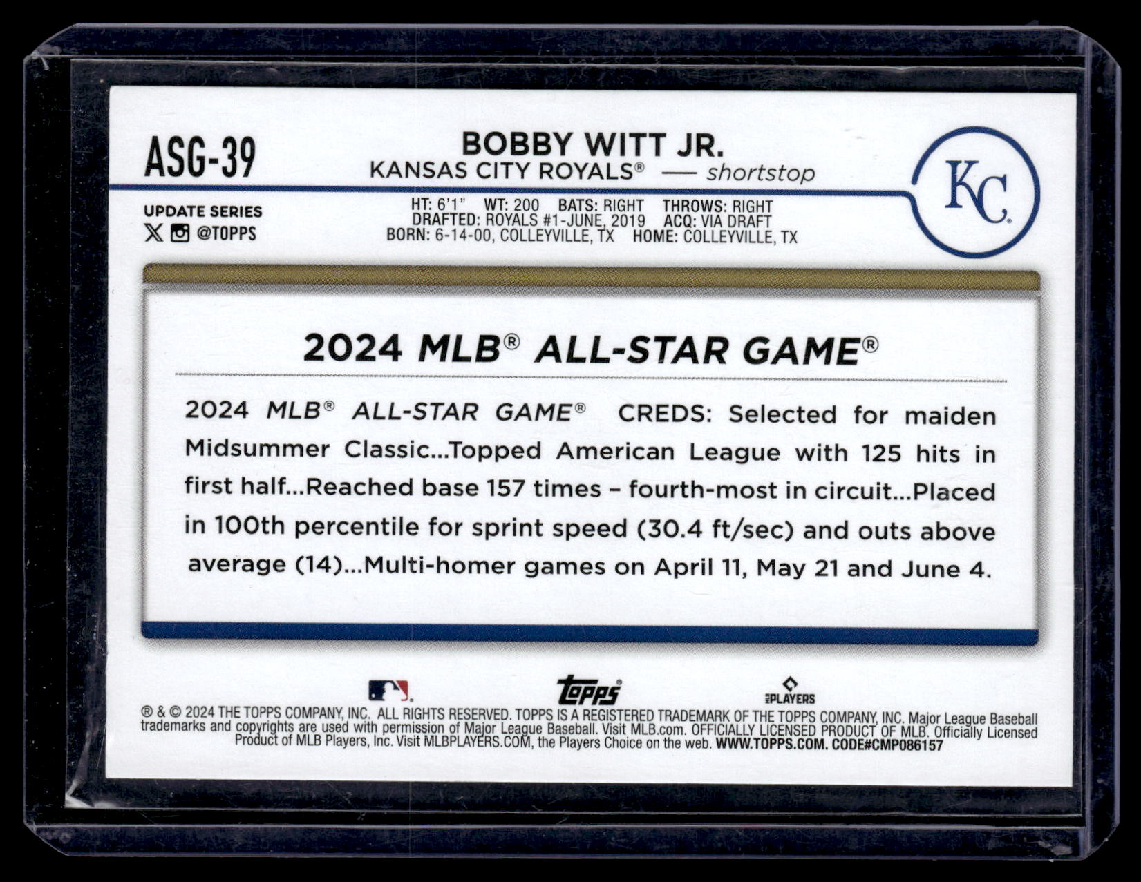 2024 Topps Update Bobby Witt Jr. #ASG-39 2024 All-Star Game Blue Kansas City Royals back