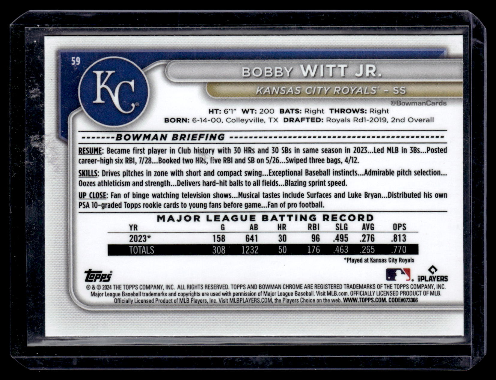 2024 Bowman Bobby Witt Jr. #59 Chrome Mojo Refractors Kansas City Royals back
