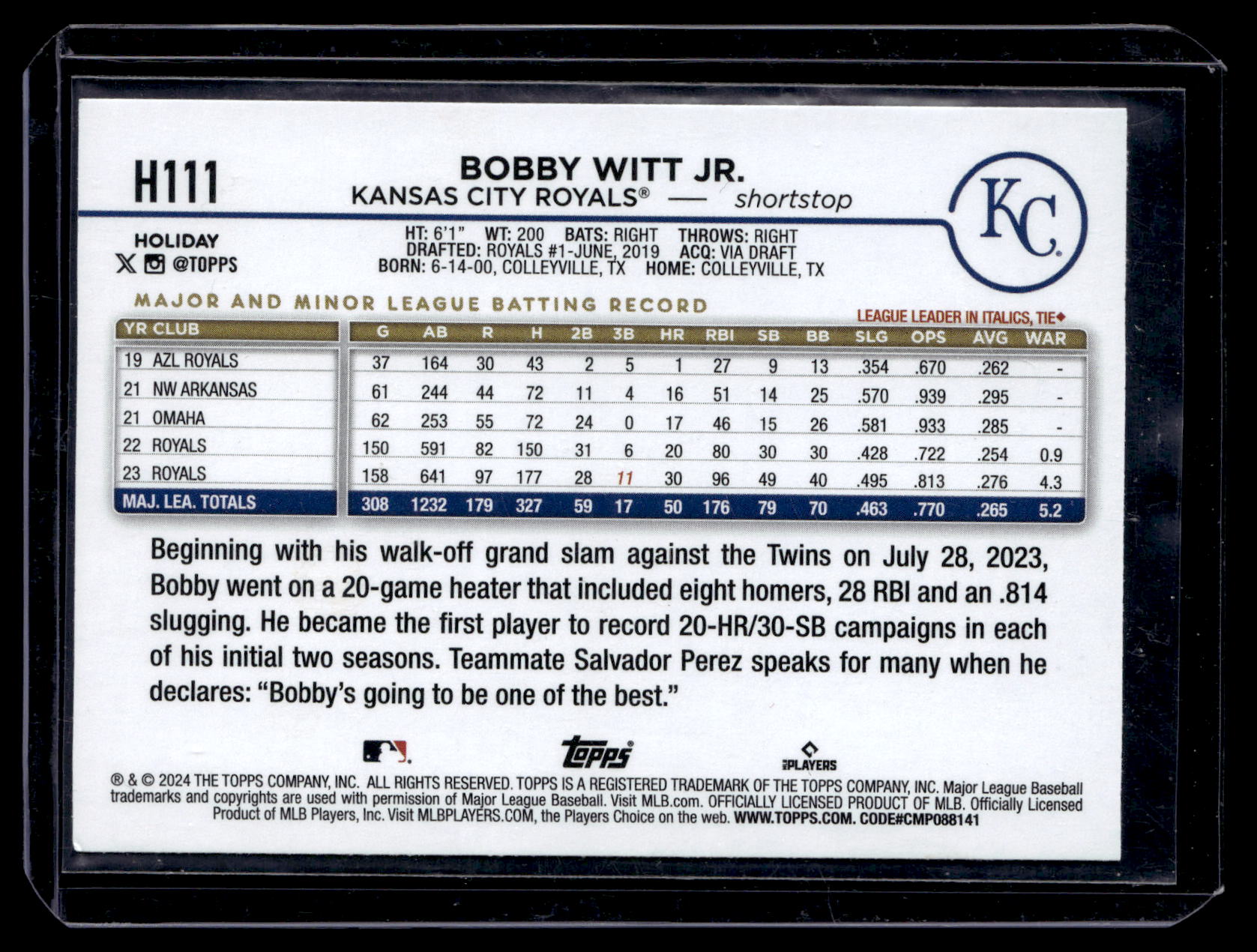 2024 Topps Holiday Bobby Witt Jr. #H111 Kansas City Royals back