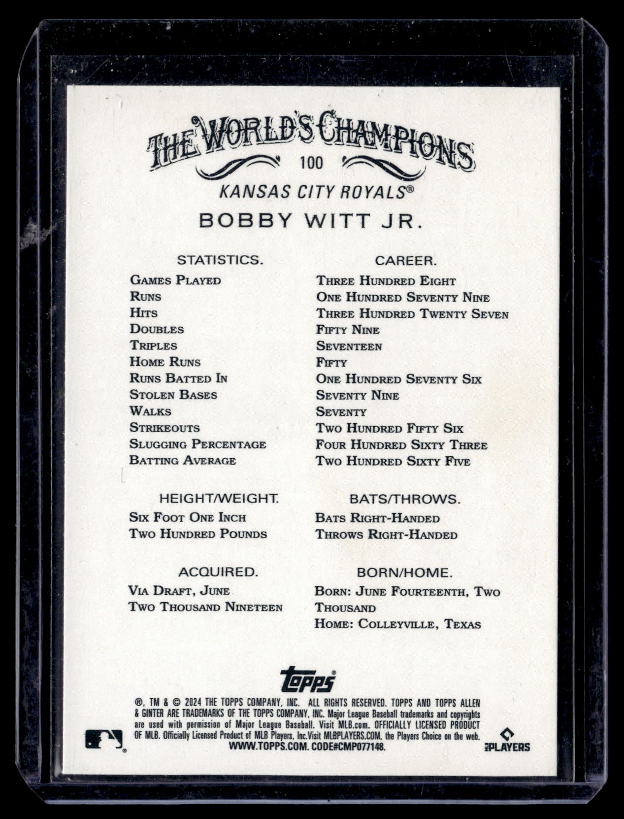2024 Topps Allen & Ginter Bobby Witt Jr. #100 Silver Portrait Kansas City Royals back
