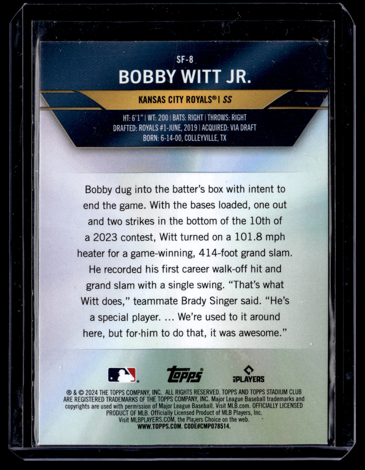 2024 Stadium Club Bobby Witt Jr. #SF-8 Special Forces Kansas City Royals back