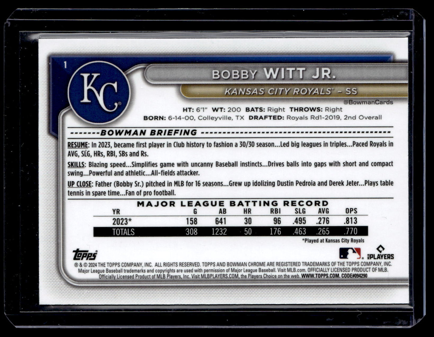 2024 Bowman Chrome Bobby Witt Jr. #1 Green Mojo Refractors Kansas City Royals back