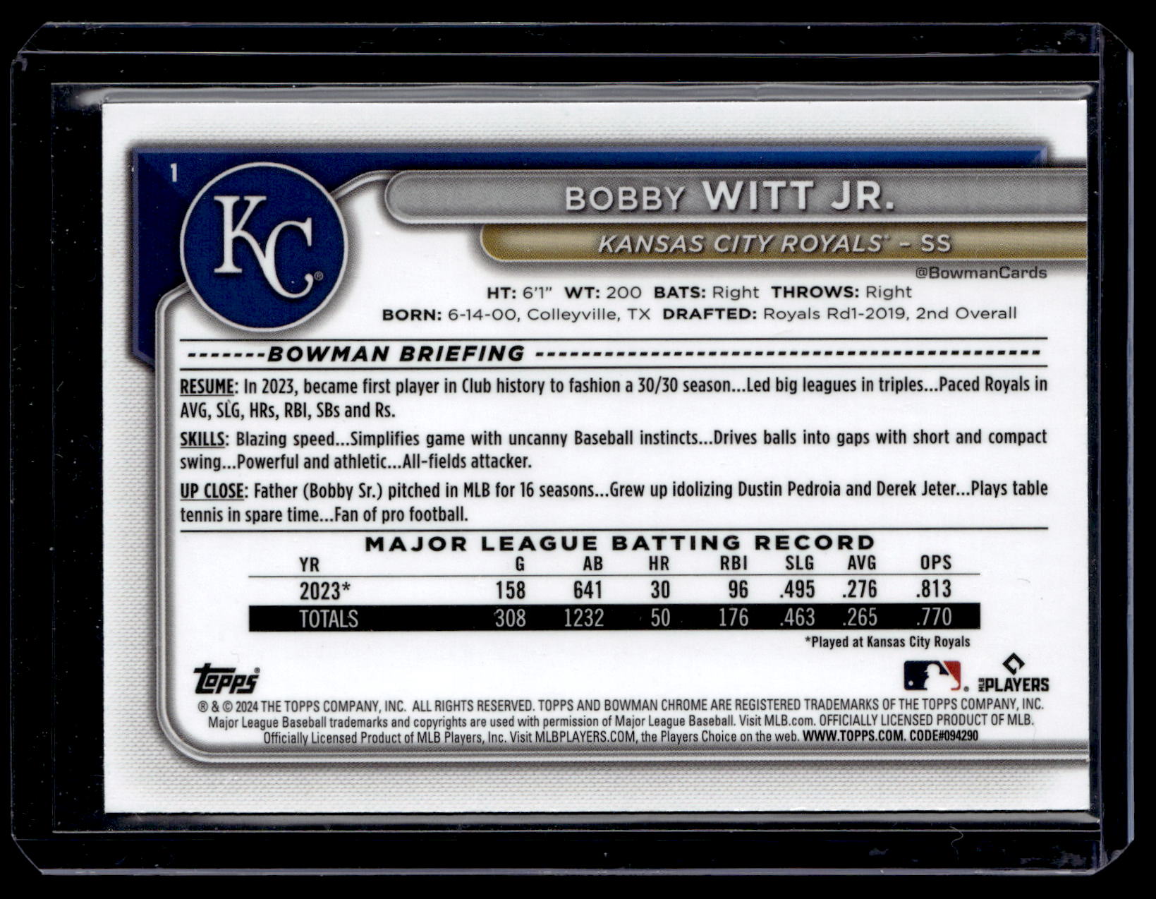 2024 Bowman Chrome Bobby Witt Jr. #1 Green Mojo Refractors Kansas City Royals back