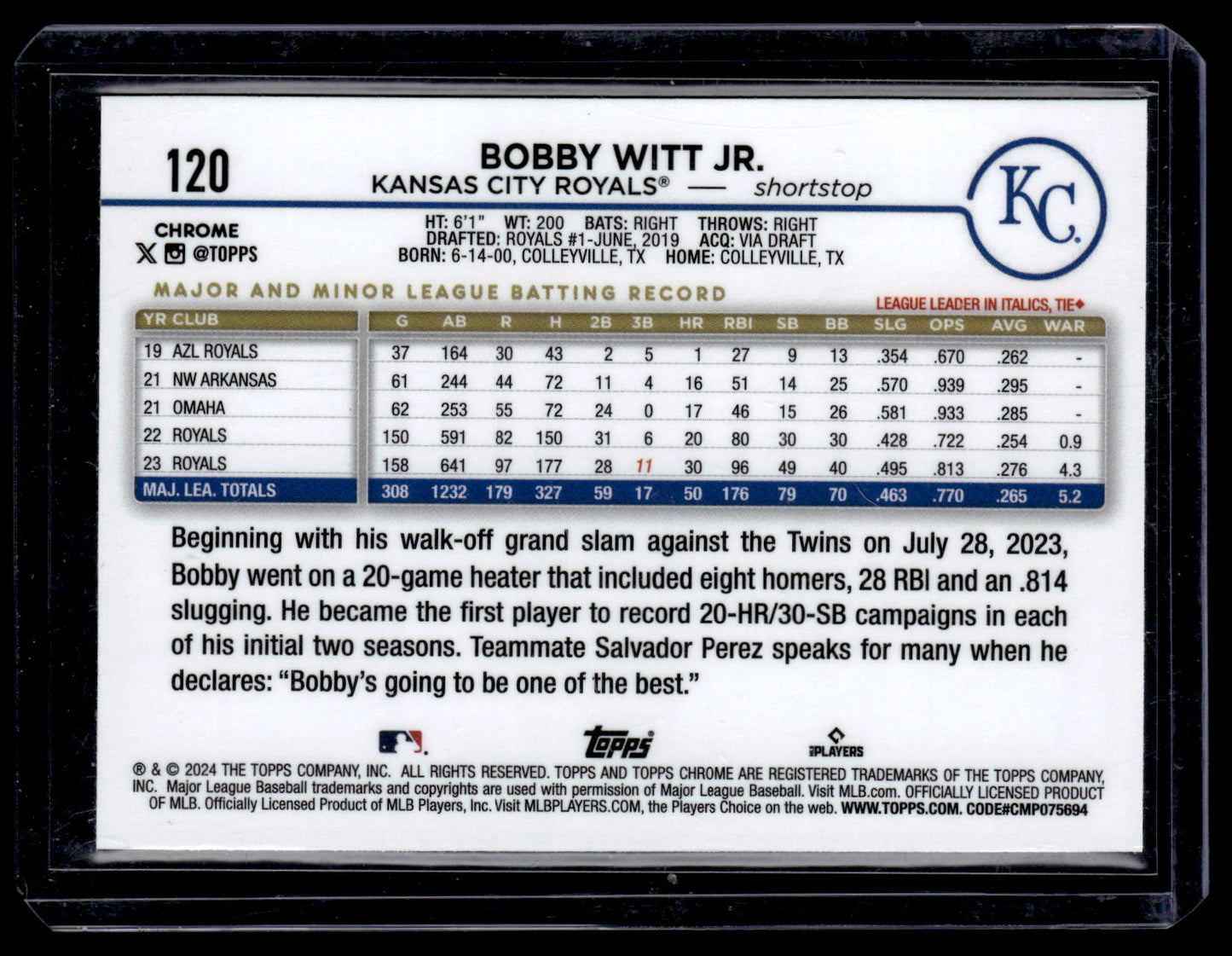 2024 Topps Chrome Bobby Witt Jr. #120 Kansas City Royals back