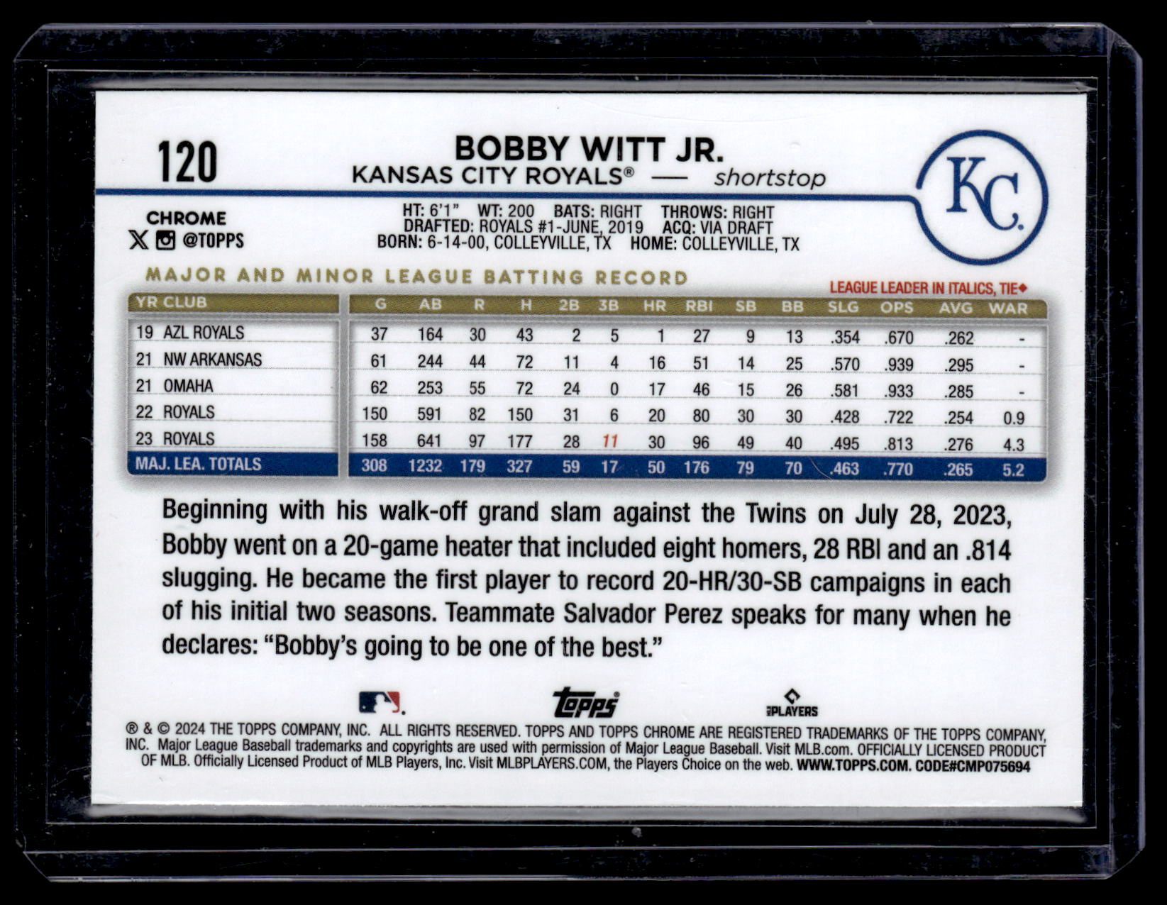 2024 Topps Chrome Bobby Witt Jr. #120 Kansas City Royals back