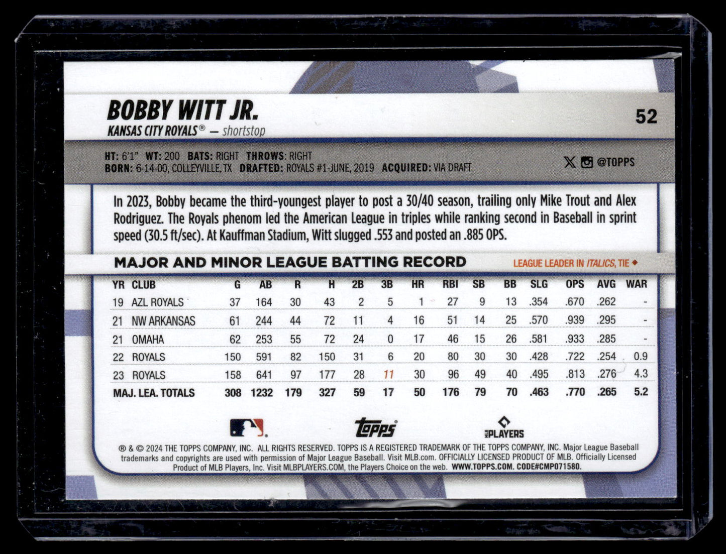 2024 Topps Big League Bobby Witt Jr. #52 Kansas City Royals back