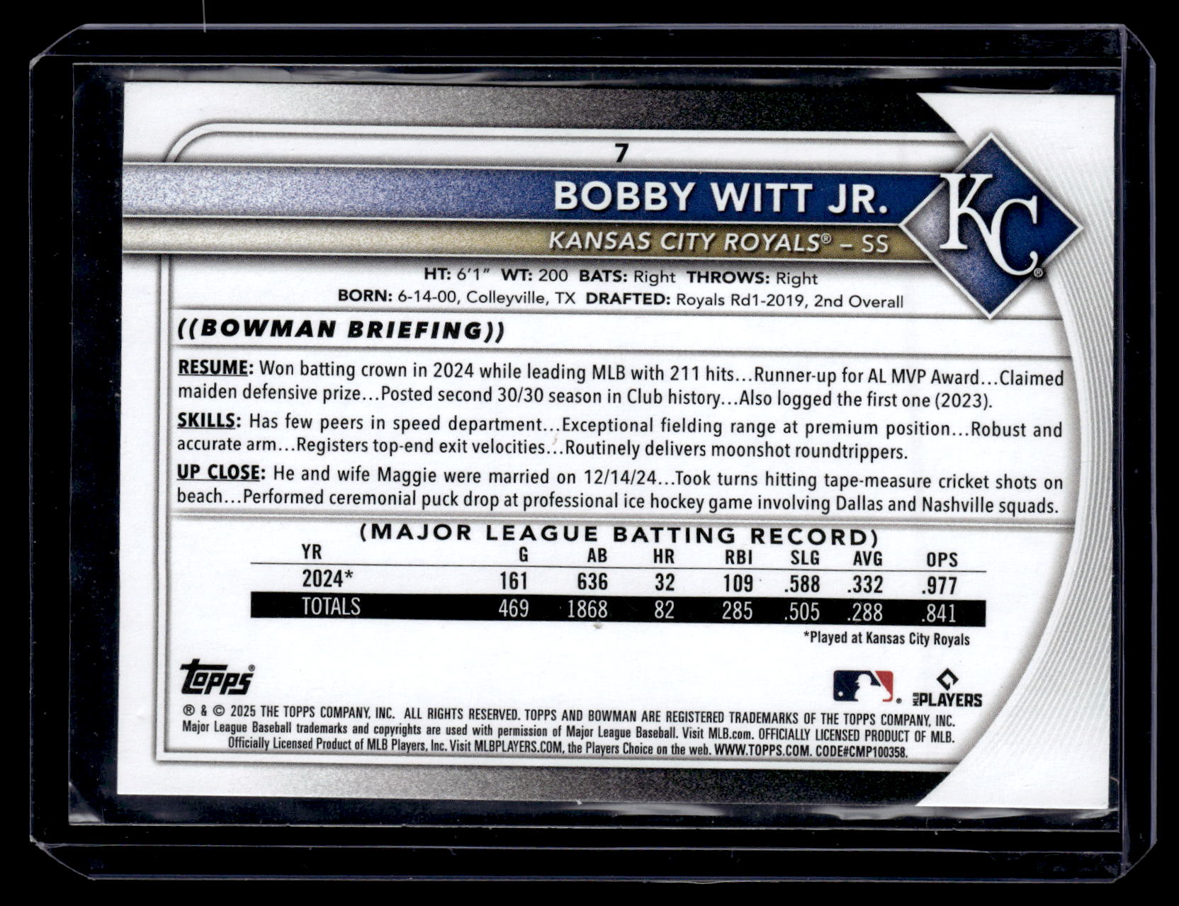 2025 Bowman Bobby Witt Jr. #7 Kansas City Royals back