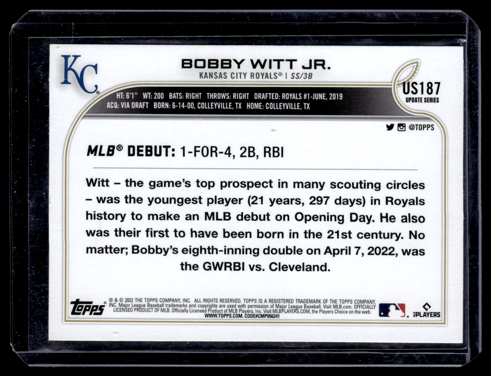 2022 Topps Update Bobby Witt Jr. #US187 Kansas City Royals back