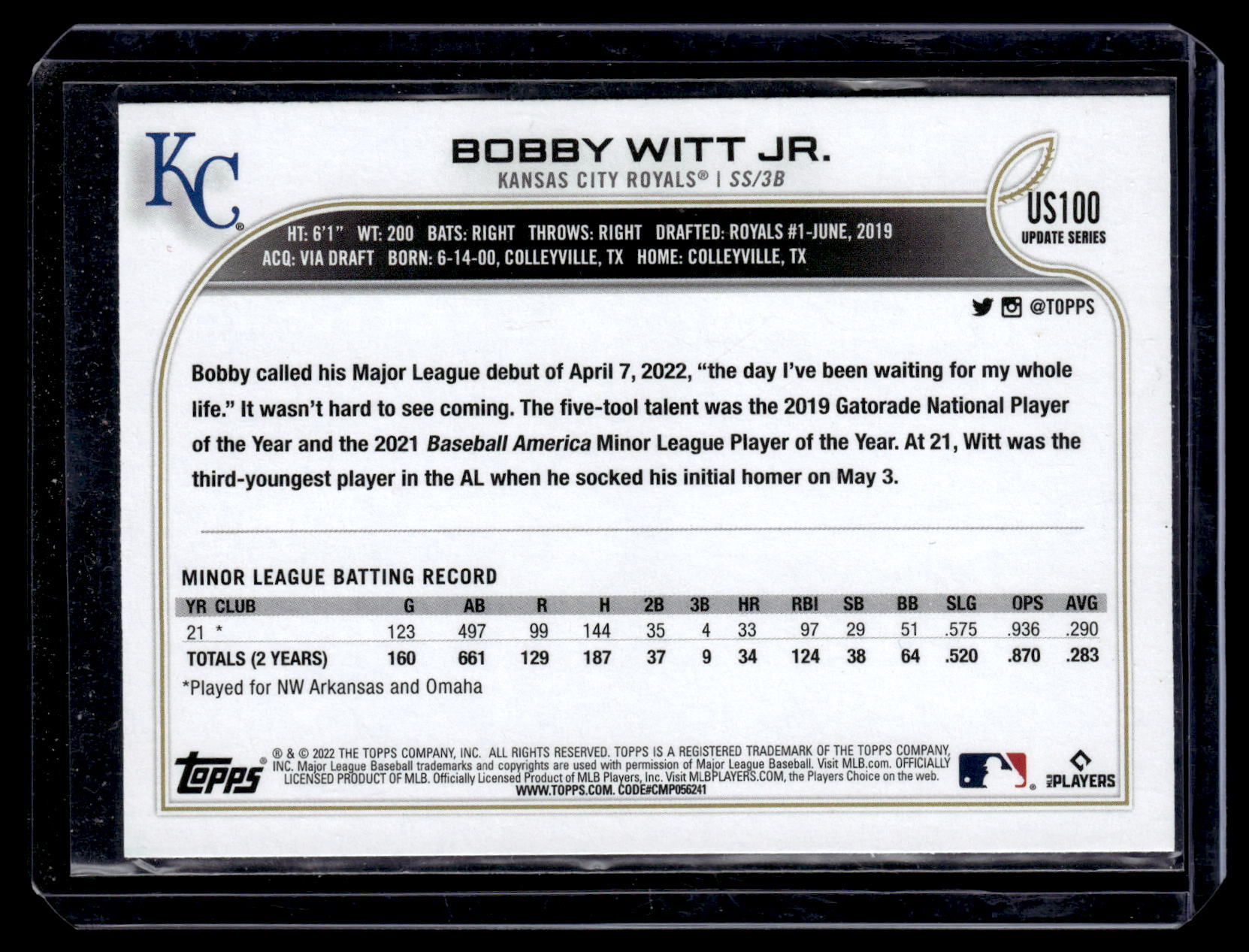 2022 Topps Update Bobby Witt Jr. #US100 Rookie Kansas City Royals back