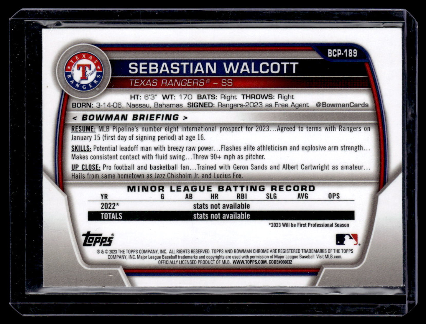 Sebastian Walcott 2023 Bowman Chrome Prospects Mojo Refractor #BCP-189
